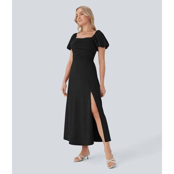 Halara Square Neck Puff Sleeve Ruched Midi Dress - Picture 3 of 5